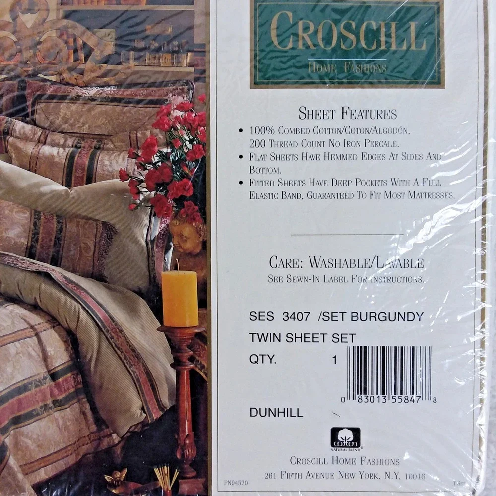 Croscill Dunhill Twin Sheet Set 200 Luxury Percale USA Green Gold Burgundy‎ NOS